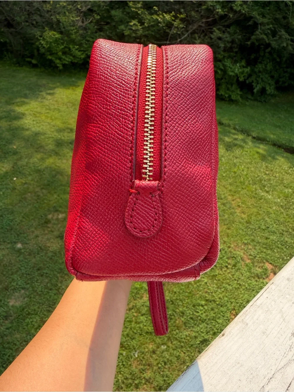 Coach Red Crossgrain Leather Cosmetic Case Makeup Bag Wristlet Zip Pouch